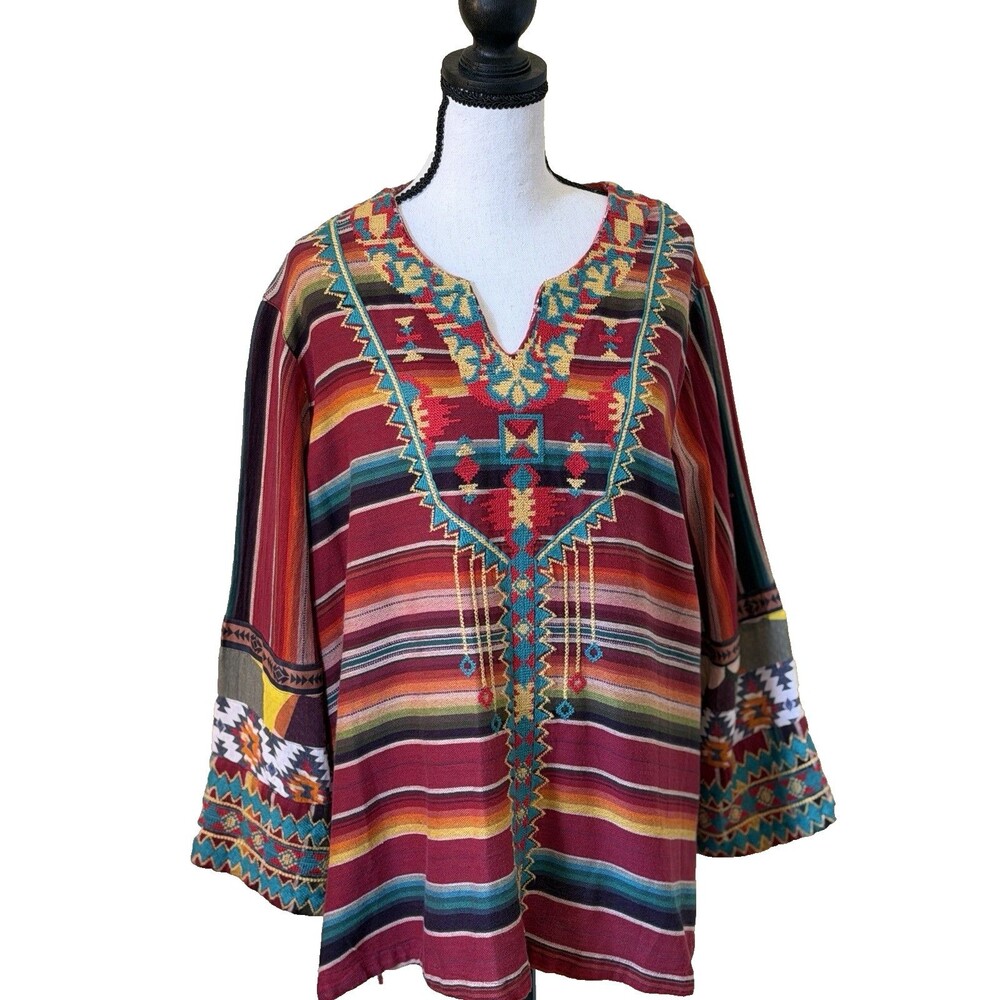 John Mark Womens XL Boho Tunic Top Southwestern Aztec Embroidered Mixed Print